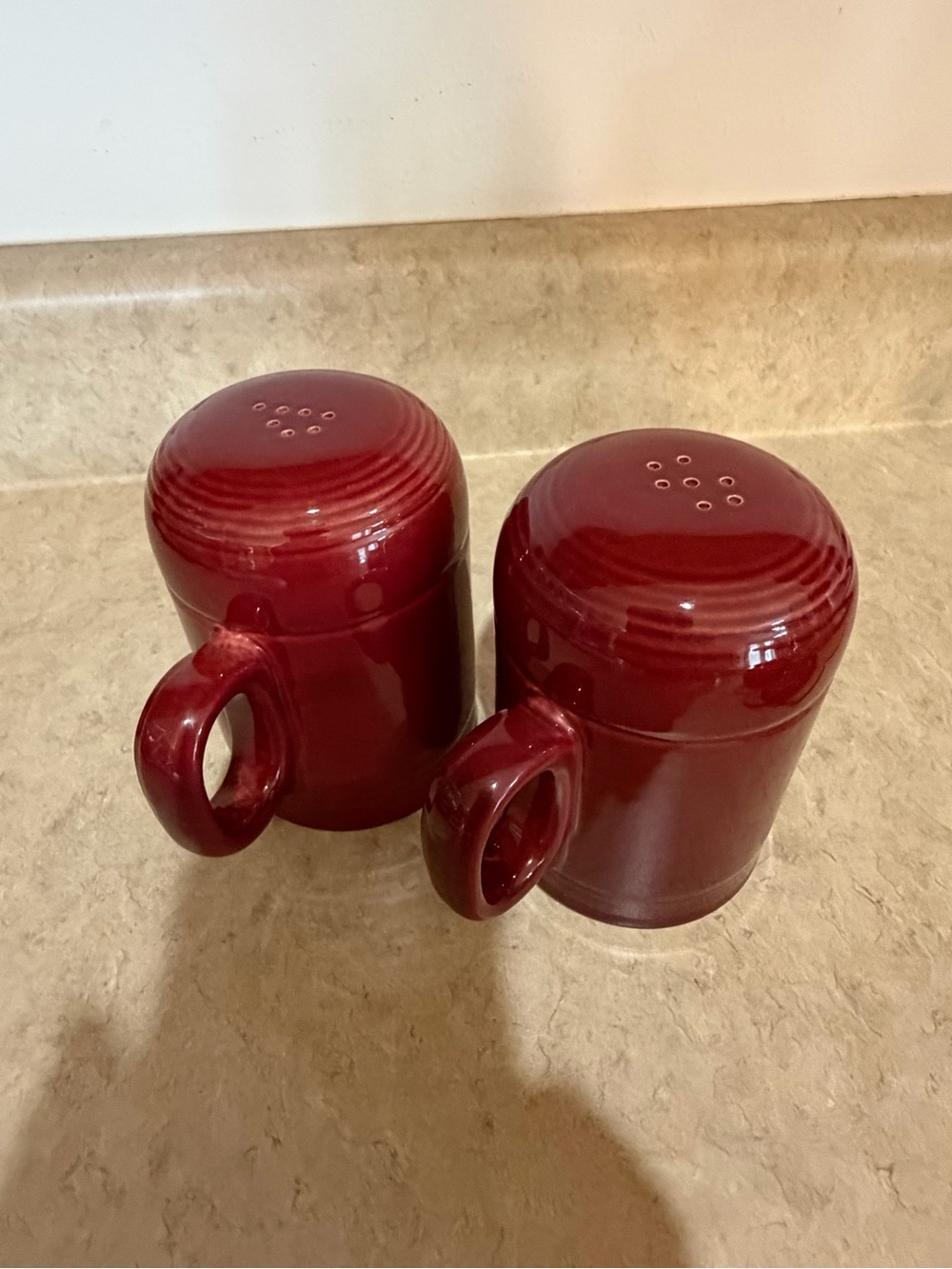 Fiestaware Crimson Ceramic Salt and Pepper Shakers with Loop Handles